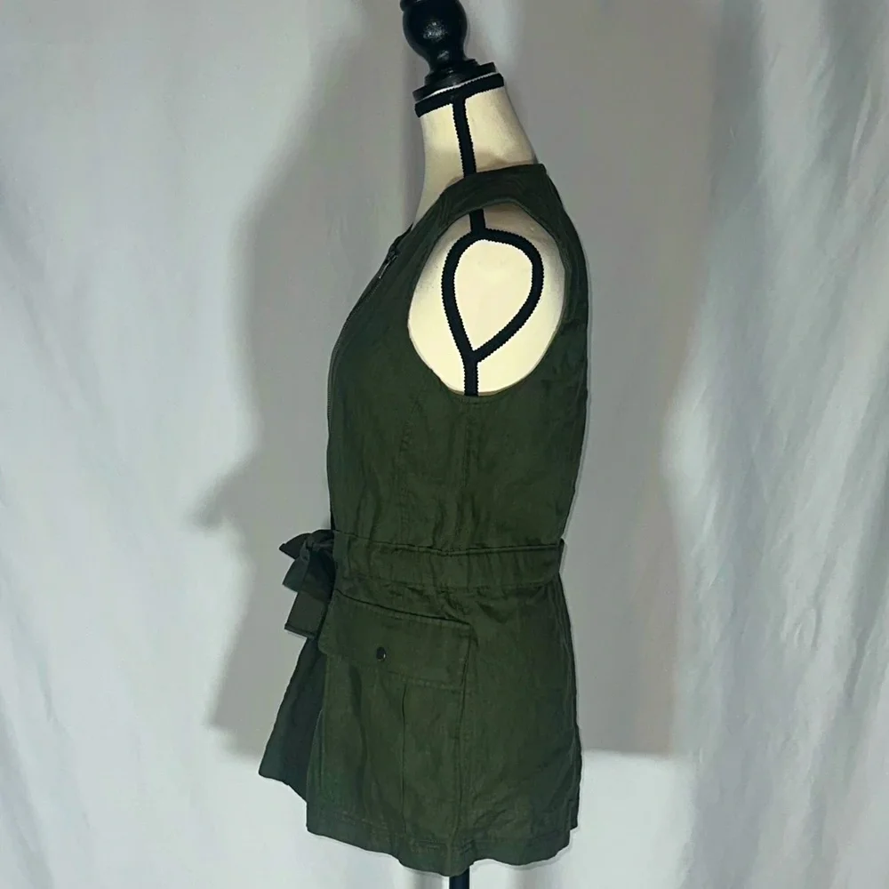Athleta Linen Vest Top Army Green XS Zip Up Tie Waist Pockets Military Biker - Picture 2 of 8